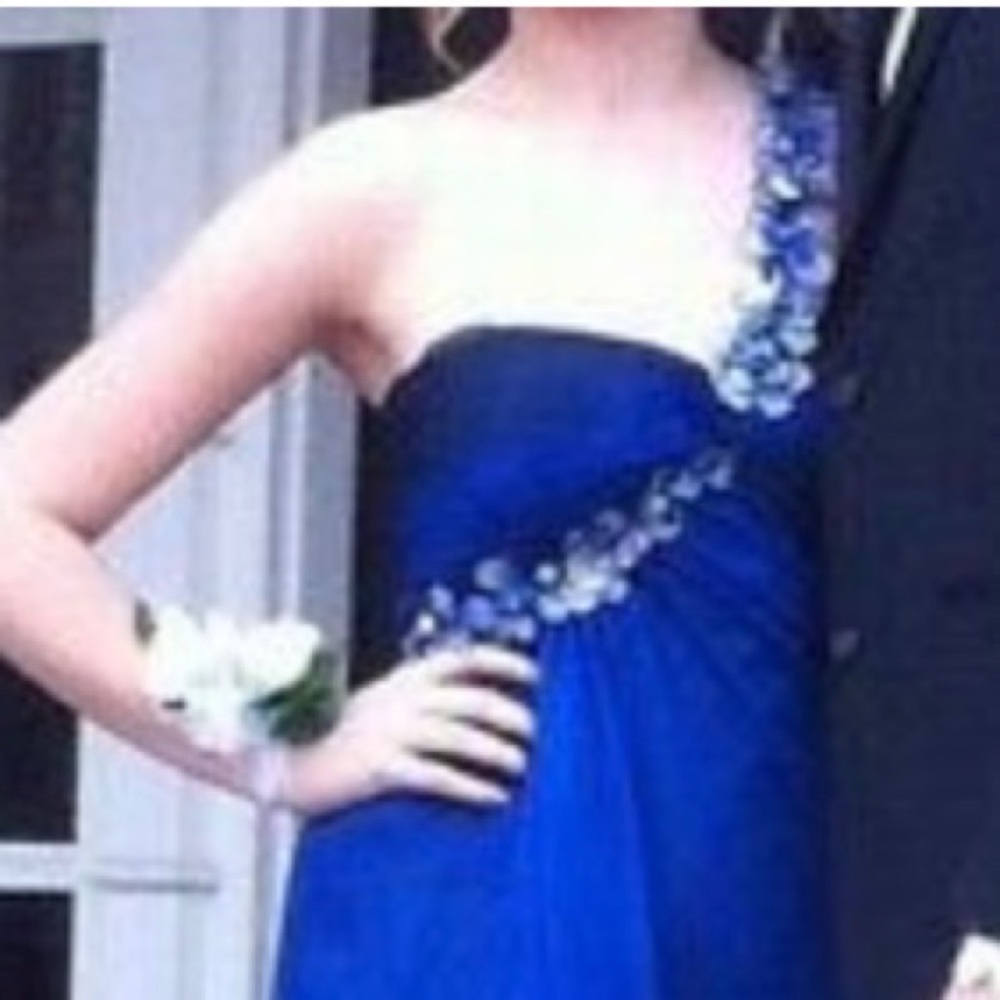 La Femme long prom dress navy blue one shoulder - Picture 3 of 4
